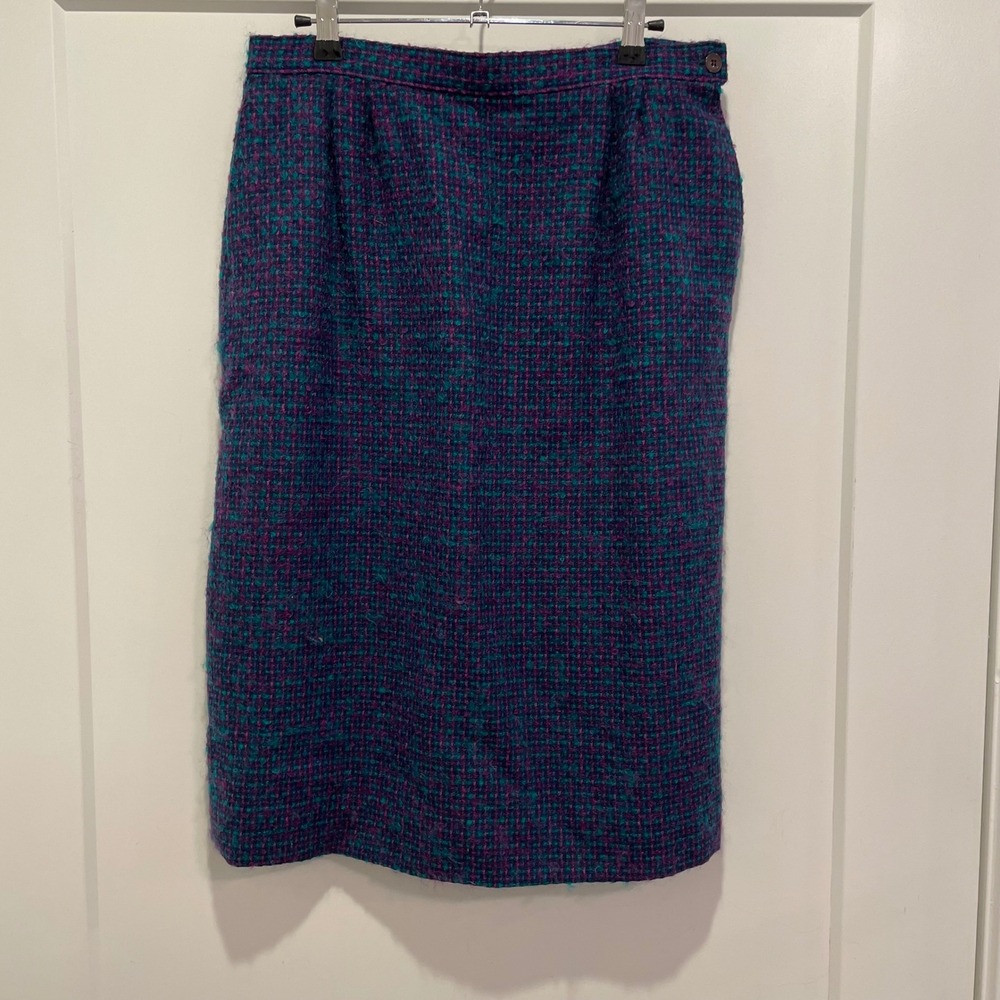 Pendleton Vintage Wool Tweed Midi Skirt Teal Purple Blue Boucle Pencil Size 12